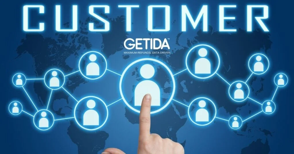 Visual representation of a global customer network with highlighted connections.