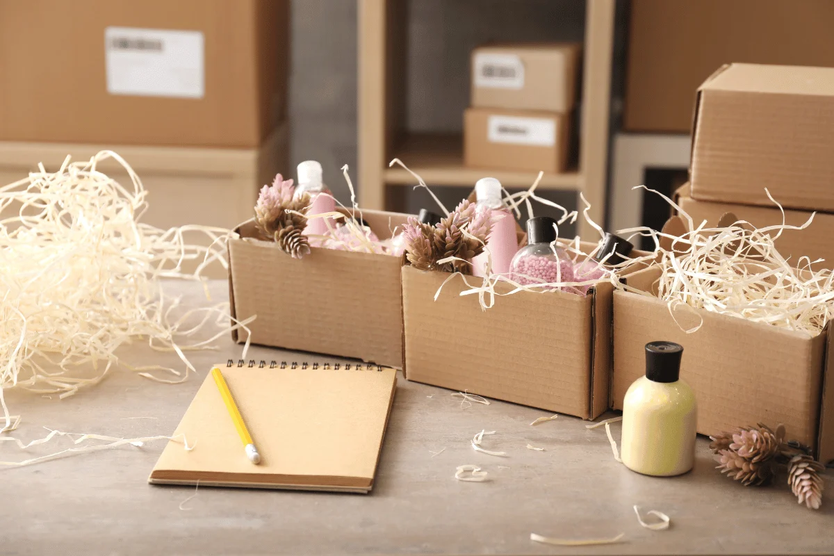 Handcrafted beauty products arranged in eco-friendly packaging for shipment.