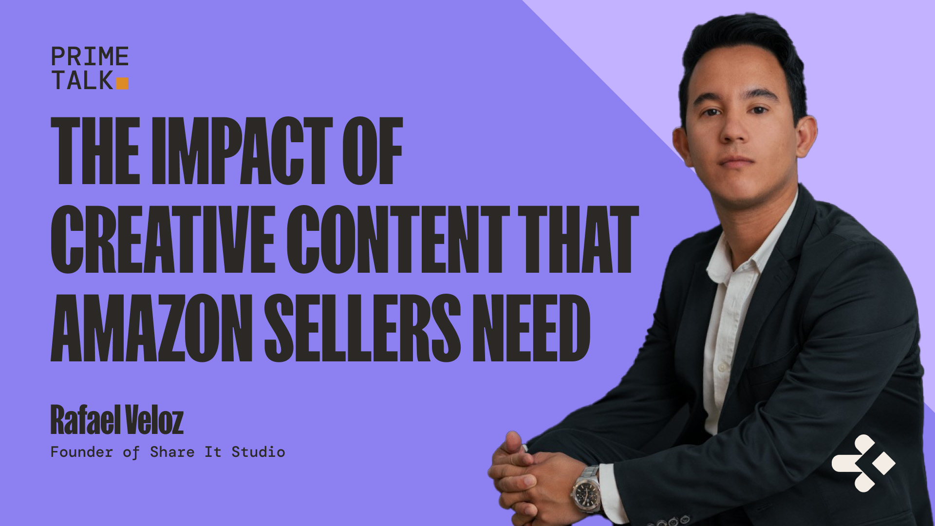 Cover for a podcast called "Prime Talk - The Impact of Creative Content that Amazon Sellers Need" with a photo of Rafael Veloz on a purple background